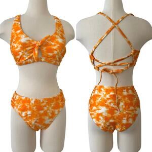 Cupshe Regina Tie-Dye Lace Up Ruched Bikini Swim SET Orange White Large NWT